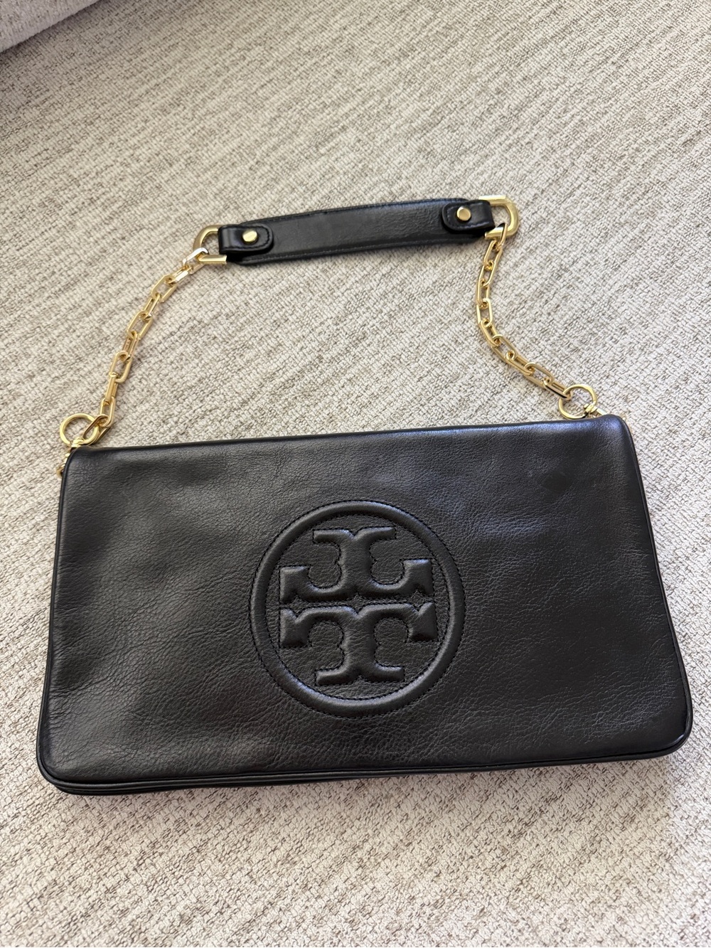 Tory Burch Black Leather Logo Shoulder Clutch with Gold Chain